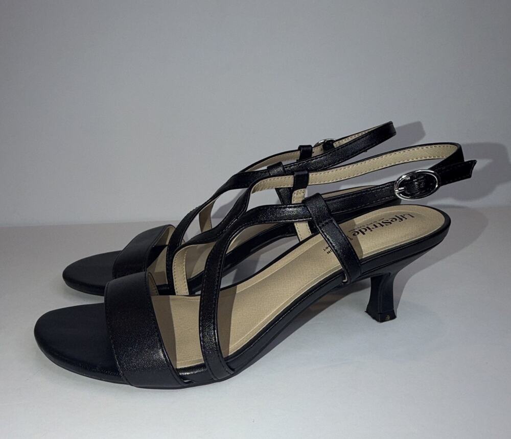 LifeStride Women’s Black Leather Strappy Sandals Buckle Solid US 8.5 M EU39